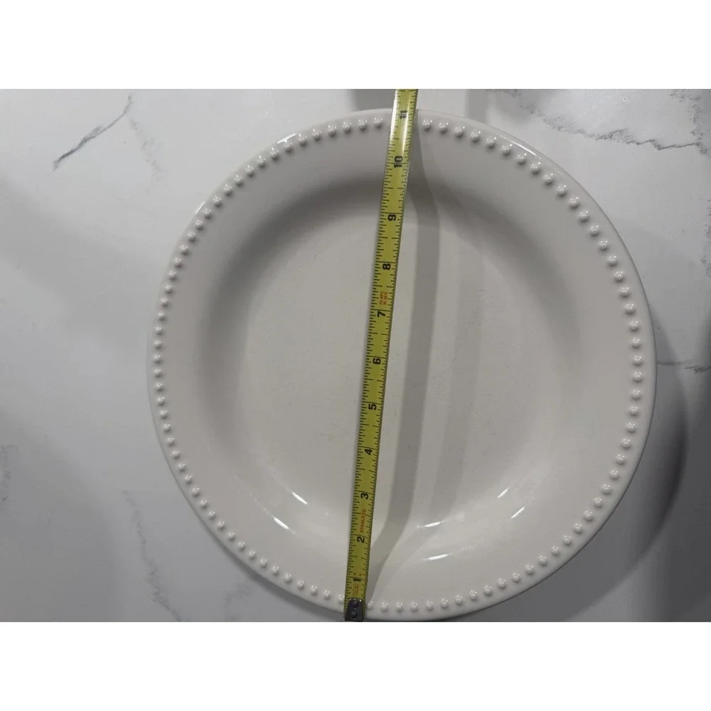 Set 4 Pottery Barn Emma White Dinner Plates Beaded Stoneware 11.25